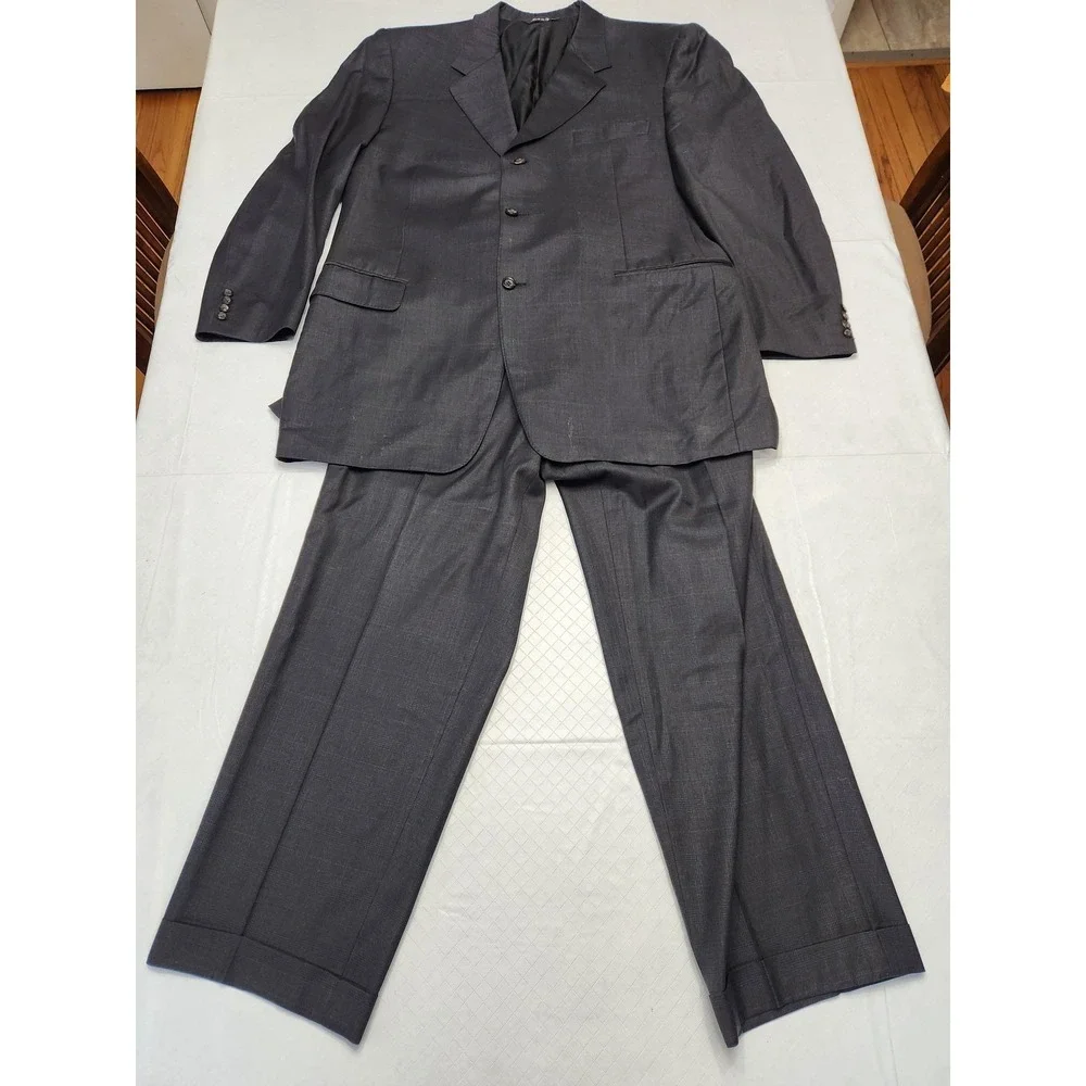 Canali Suit Mens 58L 44W Black Check Wool Super 150s 2 Piece Made In Italy